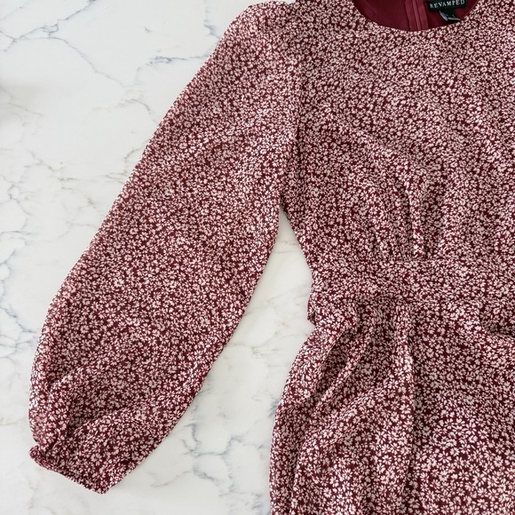 Revamped Burgundy Floral Tiered Long Sleeve Mini Dress Womens L Lined Coquette - Picture 5 of 14